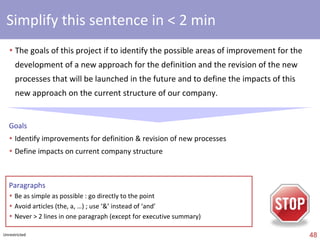 1 2 3 4 5 Before you start Customize your toolbar, activate ‘snap object to grid’ & ‘ruler’, useful ‘short-keys’,  Speed Building blocks Colors, black-white, fonts, lines, shapes, alignments, pictures, clip-arts, tables, charts,  animations ‘ Slide’ design Components, slide limits, titles, slide, body,  Simplicity , layout Content Scope , audience,  Schedule ,  Structure , visualize presentation,  Story ,  6 S More tips Advanced tips, templates 