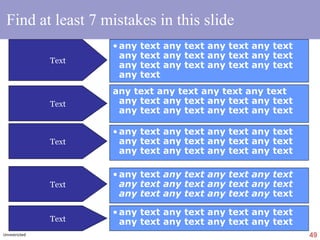 slide components Footer slide number Try to align ‘Title’ & ‘Body’ texts Always include ‘slide #’ & confidentiality level for internal ppt (exception : no slide # on ‘Title slides’) 