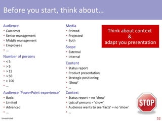 titles & sub-titles  Sub-title = summary of slide in 1 sentence Only exception = titles + sub-titles (no majuscule for titles & Majuscule for sub-titles) 