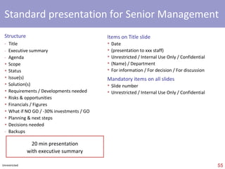 make your ‘own’ body When you creare a new slide… Create your own ‘boby’ = ‘rectangle’ with following attibutes ‘ Colors & Lines‘ color = ‘NoFill’  line  = ‘No line’ ‘ Text Box’ ‘ Text  a nchor Point’ = Top ‘ Internal margins’ (left, right, top, bottom) = 0,1’ or 0,05’’ ‘ Word wrap text in Autoshape’ checked No other option ‘checked’ Adapt margins ! Never use standard ‘Title and Text’ template 