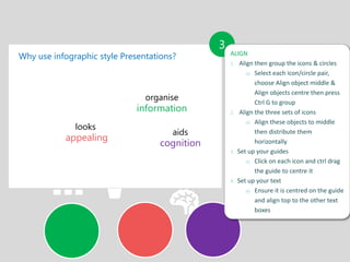 Why use infographic style Presentations?
3
looks
appealing
aids
cognition
organise
information
ALIGN
1. Format the text
2....