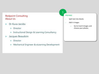Redpoint Consulting
About Us
 Dr Kuva Jacobs
 Director
 Instructional Design & Learning Consultancy
 Jacques Beaudoin
...