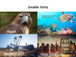 Smaller fonts
Hawk
The true hawks are medium-
sized birds of prey that usually
belong to the genus Accipiter.
They are mainly woodland birds
that hunt by sudden dashes
from a concealed perch.
They usually have long
tails for tight steering.
(wiki)
Sea turtle
Sea turtles, along with other turtles
and tortoises, are part of the
order Testudines. wiki
Bagger 288 YouTube New York City
 
