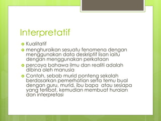 Interpretatif
 Kualitatif
 menghuraikan sesuatu fenomena dengan
menggunakan data deskriptif lisan iaitu
dengan menggunakan perkataan
 percaya bahawa ilmu dan realiti adalah
dibina oleh manusia
 Contoh, sebab murid ponteng sekolah
berdasarkan pemerhatian serta temu bual
dengan guru, murid, ibu bapa atau sesiapa
yang terlibat, kemudian membuat huraian
dan interpretasi
 