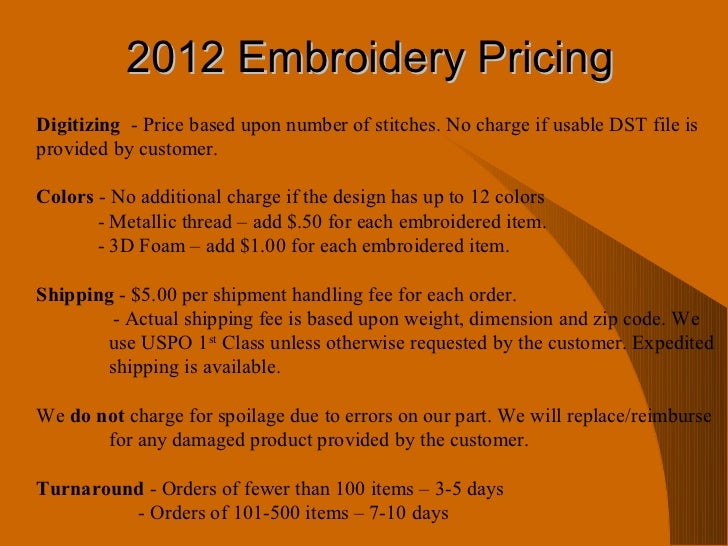 Totally Stitched Embroidery Our Services and Pricing