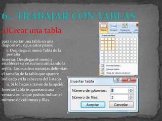 a)Crear una tabla
para insertar una tabla en una
diapositiva, sigue estos pasos:
 i. Despliega el menú Tabla de la
    pestaña
Insertar. Desplegar el menú y
establecer su estructura utilizando la
rejilla. Los cuadros naranjas delimitan
el tamaño de la tabla que aparece
indicado en la cabecera del listado.
 ii. Si lo haces a través de la opción
Insertar tabla te aparecerá una
ventana en la que podrás indicar el
número de columnas y filas.
 