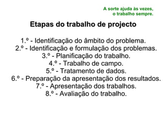 A sorte ajuda às vezes, o trabalho sempre. Etapas do trabalho de projecto 1.º - Identificação do âmbito do problema. 2.º - Identificação e formulação dos problemas. 3.º - Planificação do trabalho. 4.º - Trabalho de campo. 5.º - Tratamento de dados. 6.º - Preparação da apresentação dos resultados. 7.º - Apresentação dos trabalhos. 8.º - Avaliação do trabalho. 