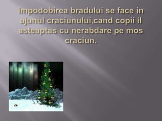 Impodobirea bradului se face in ajunul craciunului,cand copii ilasteaptas cu nerabdare pe moscraciun.