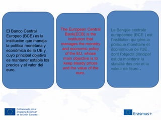 El Banco Central
Europeo (BCE) es la
institución que maneja
la política monetaria y
económica de la UE y
cuyo principal objetivo
es mantener estable los
precios y el valor del
euro.
The European Central
Bank(ECB) is the
institution that
manages the monetry
and economic policy
of the EU, whose
main objective is to
keep steady prices
and the value of the
euro.
La Banque centrale
européenne (BCE ) est
l'institution qui gère la
politique monétaire et
économique de l'UE ,
dont l'objectif principal
est de maintenir la
stabilité des prix et la
valeur de l'euro .
 