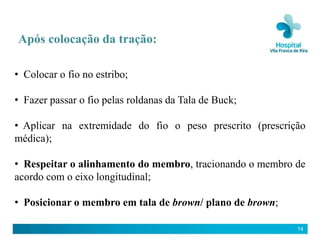 Após colocação da tração:

• Colocar o fio no estribo;

• Fazer passar o fio pelas roldanas da Tala de Buck;

• Aplicar na extremidade do fio o peso prescrito (prescrição
médica);

• Respeitar o alinhamento do membro, tracionando o membro de
acordo com o eixo longitudinal;

• Posicionar o membro em tala de brown/ plano de brown;

                                                          14
 