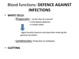 Bloodfunctions: DEFENCE AGAINST INFECTIONSWHITE CELLS:             - Phagocytes: - at thesites of a wound                                                - in thebloodcapillaries                                                - in lymphnodesingestharmful bacteria and stop thementeringthe                               general circulation              - Lymphocytes:Production of antibodiesCLOTTING