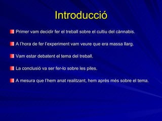 Introducció Primer vam decidir fer el treball sobre el cultiu del cànnabis. A l’hora de fer l’experiment vam veure que era massa llarg. Vam estar debatent el tema del treball. La conclusió va ser fer-lo sobre les piles. A mesura que l’hem anat realitzant, hem après més sobre el tema. 