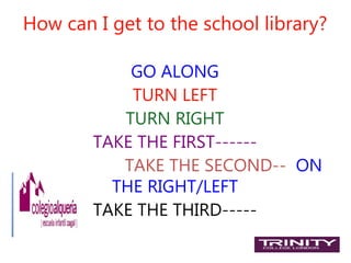 How can I get to the school library?

            GO ALONG
            TURN LEFT
           TURN RIGHT
        TAKE THE FIRST------
           TAKE THE SECOND-- ON
          THE RIGHT/LEFT
        TAKE THE THIRD-----
 