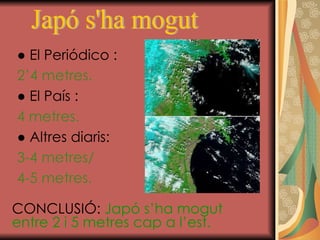 ●  El Periódico :  2’4 metres. ●  El País :  4 metres. ●  Altres diaris:  3-4 metres/  4-5 metres. CONCLUSIÓ:  Japó s’ha mogut entre 2 i 5 metres cap a l’est. Japó s'ha mogut 