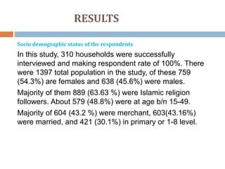 RESULTS
Socio demographic status of the respondents
In this study, 310 households were successfully
interviewed and making respondent rate of 100%. There
were 1397 total population in the study, of these 759
(54.3%) are females and 638 (45.6%) were males.
Majority of them 889 (63.63 %) were Islamic religion
followers. About 579 (48.8%) were at age b/n 15-49.
Majority of 604 (43.2 %) were merchant, 603(43.16%)
were married, and 421 (30.1%) in primary or 1-8 level.
 