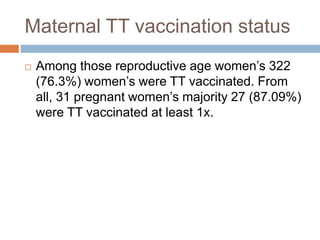 Maternal TT vaccination status
 Among those reproductive age women’s 322
(76.3%) women’s were TT vaccinated. From
all, 31 pregnant women’s majority 27 (87.09%)
were TT vaccinated at least 1x.
 
