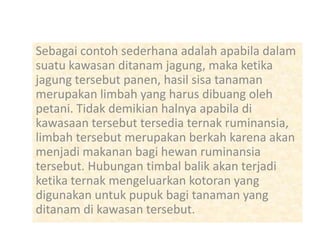 Sebagai contoh sederhana adalah apabila dalam
suatu kawasan ditanam jagung, maka ketika
jagung tersebut panen, hasil sisa tanaman
merupakan limbah yang harus dibuang oleh
petani. Tidak demikian halnya apabila di
kawasaan tersebut tersedia ternak ruminansia,
limbah tersebut merupakan berkah karena akan
menjadi makanan bagi hewan ruminansia
tersebut. Hubungan timbal balik akan terjadi
ketika ternak mengeluarkan kotoran yang
digunakan untuk pupuk bagi tanaman yang
ditanam di kawasan tersebut.
 
