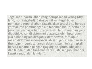 Tegal merupakan lahan yang berupa lahan kering (dry
land, non irrigated). Batas pemilikan tegal bukan
pematang seperti lahan sawah, akan tetapi bisa berupa
got/saluran pembuangan air, tanaman hidup, serta bisa
juga berupa pagar hidup atau mati. Jenis tanaman yang
dibudidayakan di sistem ini biasanya lebih heterogen
jika dibandingkan dengan sistem sawah, meskipun
masih didominasi dengan salah satu jenis tanaman saja
(homogen). Jenis tanaman dalam sistem ini seringkali
berupa tanaman pangan (jagung, sorghum, ubi jalar,
dan lain-lain) dan tanaman keras (jati, sengon, mahoni,
kapuk randu, dan lain-lain).
 