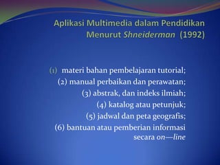 Aplikasi Multimedia dalamPendidikanMenurutShneiderman(1992) materibahanpembelajaran tutorial;  (2) manual perbaikandanperawatan; (3) abstrak, danindeksilmiah;  (4) katalogataupetunjuk; (5) jadwaldanpetageografis;  (6) bantuanataupemberianinformasisecaraon—line 