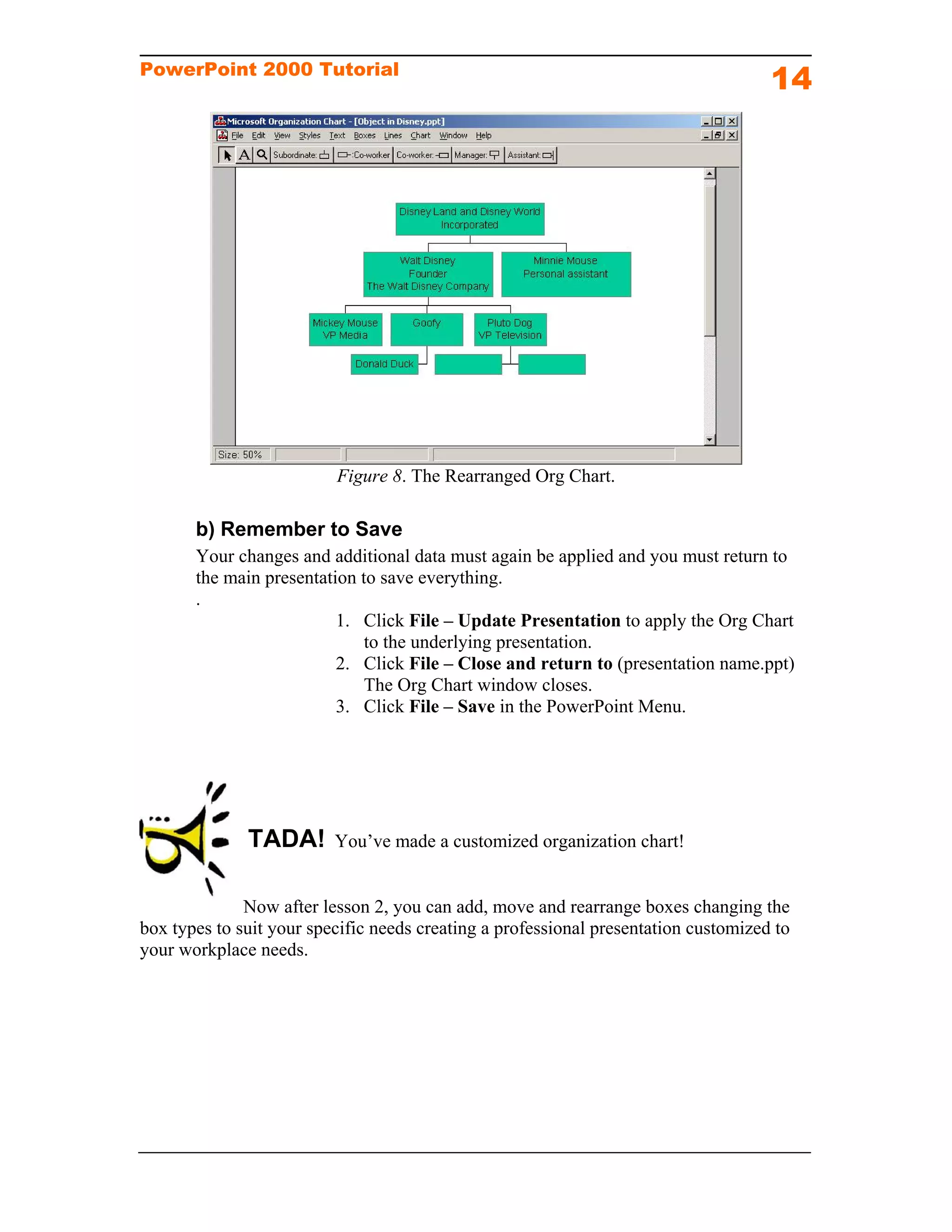 PowerPoint 2000 Tutorial
                                                                                     14




                          Figure 8. The Rearranged Org Chart.

       b) Remember to Save
       Your changes and additional data must again be applied and you must return to
       the main presentation to save everything.
       .
                          1. Click File – Update Presentation to apply the Org Chart
                              to the underlying presentation.
                          2. Click File – Close and return to (presentation name.ppt)
                              The Org Chart window closes.
                          3. Click File – Save in the PowerPoint Menu.




              TADA!       You’ve made a customized organization chart!


              Now after lesson 2, you can add, move and rearrange boxes changing the
box types to suit your specific needs creating a professional presentation customized to
your workplace needs.
 
