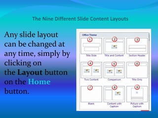 The Nine Different Slide Content Layouts
Any slide layout
can be changed at
any time, simply by
clicking on
the Layout button
on the Home
button.
 
