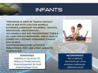INFANTS
•PERTANYEN AL GRUP DE “NADIUS DIGITALS”.
•DES DE BEN PETITS UTILITZEN APARELLS
ELETRÒNICS,COMENÇANT PER MÒBILS, TAULETES,
ORDINADORS, VÍDEOCONSOLES...
•ELS APARELLS QUE MÉS FREQÜENTMENT TENEN A
LES LLARS SÓN ELS ORDINADORS, AMB EL QUAL ES
CONNECTEN A INTERNET DIÀRIAMENT A PARTIR
DELS 10 ANYS.
•CONTINUEN REALITZANT ACTIVITATS
TRADICIONALS, PERÒ AMB L’EDAT, AQUESTES
DISMINUEIXEN.
AVANTATGES
AVANTATGES
- -Habilitat en l’ús de les TIC.
Habilitat en l’ús de les TIC.
--Reforç en l’àmbit educatiu.
Reforç en l’àmbit educatiu.
--Desenvolupament de l’estil
Desenvolupament de l’estil
d’aprenentatge visual.
d’aprenentatge visual.

INCONVENIENTS
INCONVENIENTS
--Risc d’addicció.
Risc d’addicció.
--Desinterès per altres
Desinterès per altres
activitats tradicionals.
activitats tradicionals.
--Aïllament social.
Aïllament social.

 