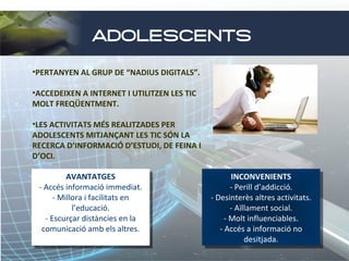 ADOLESCENTS
•PERTANYEN AL GRUP DE “NADIUS DIGITALS”.
•ACCEDEIXEN A INTERNET I UTILITZEN LES TIC
MOLT FREQÜENTMENT.
•LES ACTIVITATS MÉS REALITZADES PER
ADOLESCENTS MITJANÇANT LES TIC SÓN LA
RECERCA D’INFORMACIÓ D’ESTUDI, DE FEINA I
D’OCI.
AVANTATGES
AVANTATGES
--Accés informació immediat.
Accés informació immediat.
- -Millora i ifacilitats en
Millora facilitats en
l’educació.
l’educació.
--Escurçar distàncies en la
Escurçar distàncies en la
comunicació amb els altres.
comunicació amb els altres.

INCONVENIENTS
INCONVENIENTS
--Perill d’addicció.
Perill d’addicció.
--Desinterès altres activitats.
Desinterès altres activitats.
--Aïllament social.
Aïllament social.
--Molt influenciables.
Molt influenciables.
--Accés aainformació no
Accés informació no
desitjada.
desitjada.

 