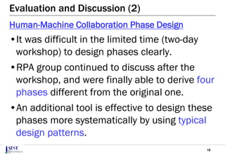 18
Evaluation and Discussion (2)
Human-Machine Collaboration Phase Design
•It was difficult in the limited time (two-day
workshop) to design phases clearly.
•RPA group continued to discuss after the
workshop, and were finally able to derive four
phases different from the original one.
•An additional tool is effective to design these
phases more systematically by using typical
design patterns.
 