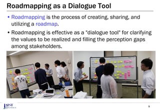 5
Roadmapping as a Dialogue Tool
•Roadmapping is the process of creating, sharing, and
utilizing a roadmap.
•Roadmapping is effective as a "dialogue tool" for clarifying
the values to be realized and filling the perception gaps
among stakeholders.
 