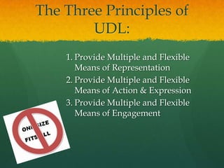 The Three Principles of
        UDL:
    1. Provide Multiple and Flexible
       Means of Representation
    2. Provide Multiple and Flexible
       Means of Action & Expression
    3. Provide Multiple and Flexible
       Means of Engagement
 
