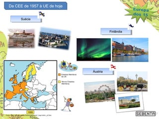 Da CEE de 1957 à UE de oje
17Fonte: http://europa.eu/abc/history/animated_map/index_pt.htm
FinlândiaFinlândiaFinlândiaFinlândia
ÁustriaÁustriaÁustriaÁustria
SuéciaSuéciaSuéciaSuécia
Da CEE de 1957 à UE de hoje
 