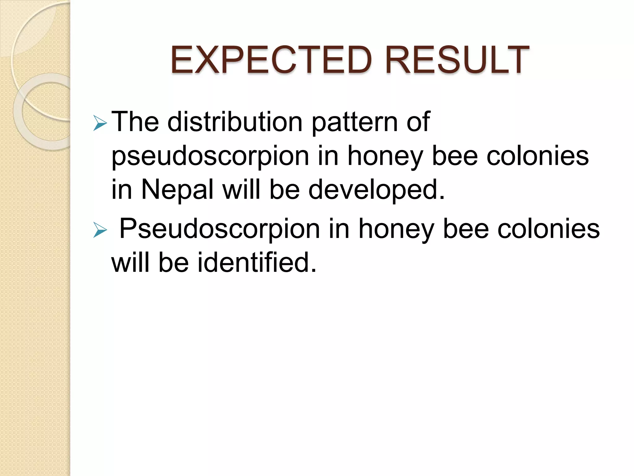 EXPECTED RESULT
The distribution pattern of
pseudoscorpion in honey bee colonies
in Nepal will be developed.
 Pseudoscorpion in honey bee colonies
will be identified.
 