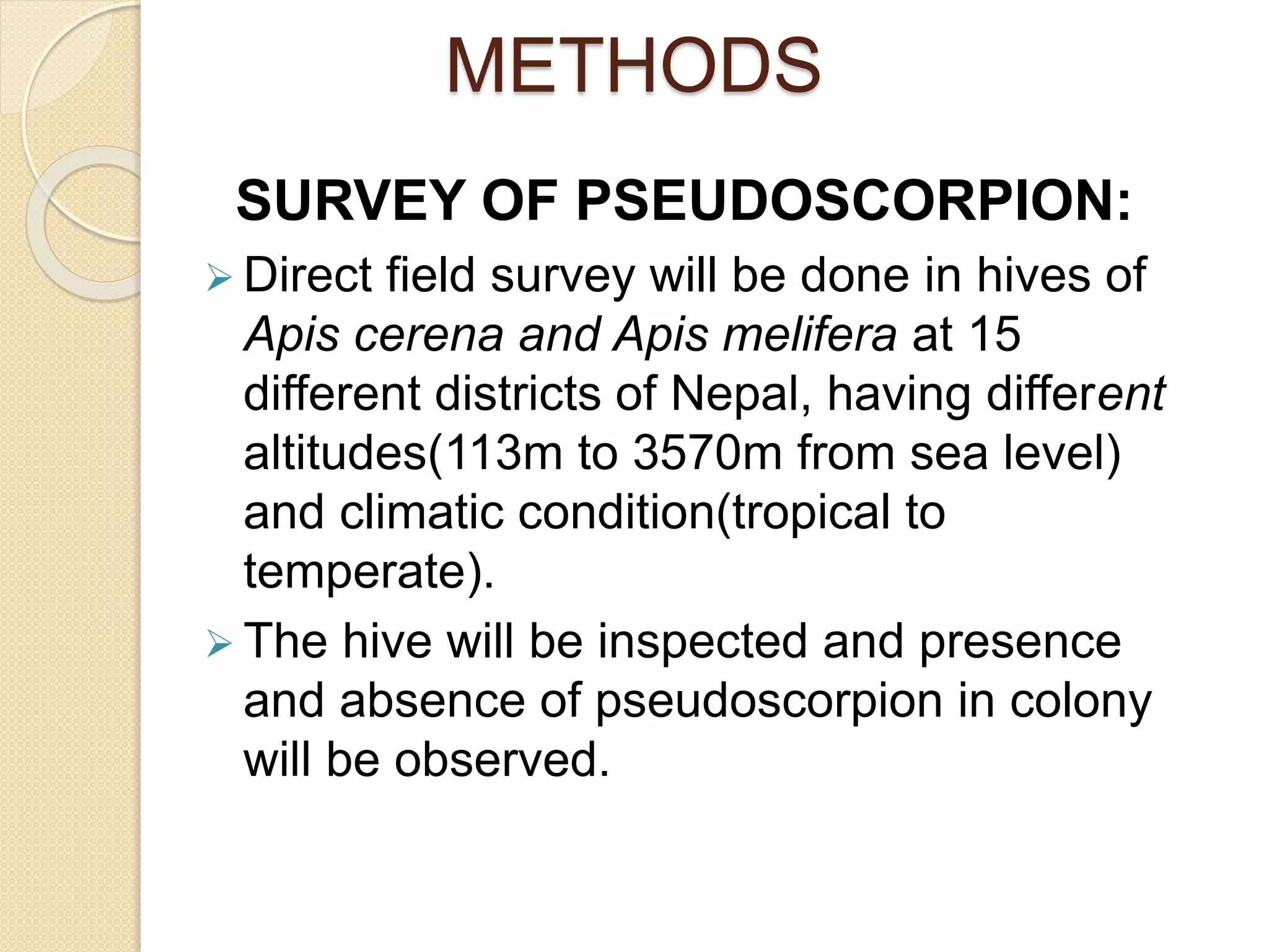 METHODS
SURVEY OF PSEUDOSCORPION:
 Direct field survey will be done in hives of
Apis cerena and Apis melifera at 15
different districts of Nepal, having different
altitudes(113m to 3570m from sea level)
and climatic condition(tropical to
temperate).
 The hive will be inspected and presence
and absence of pseudoscorpion in colony
will be observed.
 
