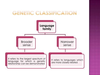Language
                                family



            Broader                            Narrower
             sense                              sense



It refers to the largest spectrum of
                                       It refers to languages which
language for which a genetic
                                       are more closely related
relationship can be demonstrated
 