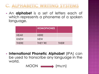   An alphabet is a set of letters each of
    which represents a phoneme of a spoken
    language.
                   HOMOPHONES

        HEAR       HERE
        KNEW       NEW
        THERE      THEY´RE      THEIR



   International Phonetic Alphabet (IPA) can
    be used to transcribe any language in the
    world.
              MOON             (mu:n)
 