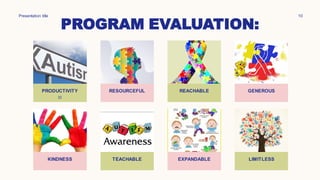PROGRAM EVALUATION:
Presentation title 10
PRODUCTIVITY
lll
KINDNESS
RESOURCEFUL
TEACHABLE
REACHABLE
EXPANDABLE
GENEROUS
LIMITLESS
 