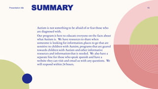 SUMMARY
Presentation title 15
Autism is not something to be afraid of or fear those who
are diagnosed with.
Our program is here to educate everyone on the facts about
what Autism is. We have resources to share when
someome is looking for information,places to go that are
sensitive to children with Autsim, programs that are geared
towards children with Autism and other informative
resources and information that is needed. We also have a
separate line for those who speak spanish and have a
website they can visit and email us with any questions. We
will respond within 24 hours.
 