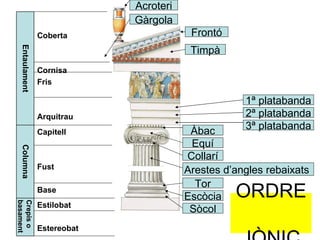 ORDRE  JÒNIC Tor Escòcia Sòcol Arestes d’angles rebaixats  Equí Collarí Àbac 1ª platabanda 2ª platabanda 3ª platabanda Frontó Timpà Acroteri Gàrgola Estilobat Estereobat Crepis o   basament Capitell Fust Base Columna Coberta Cornisa Fris Arquitrau Entaulament 