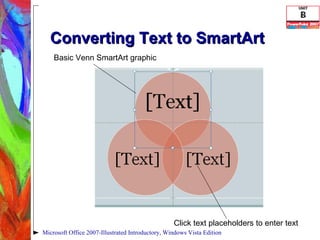 Converting Text to SmartArt Microsoft Office 2007-Illustrated Introductory, Windows Vista Edition Click text placeholders to enter text Basic Venn SmartArt graphic 
