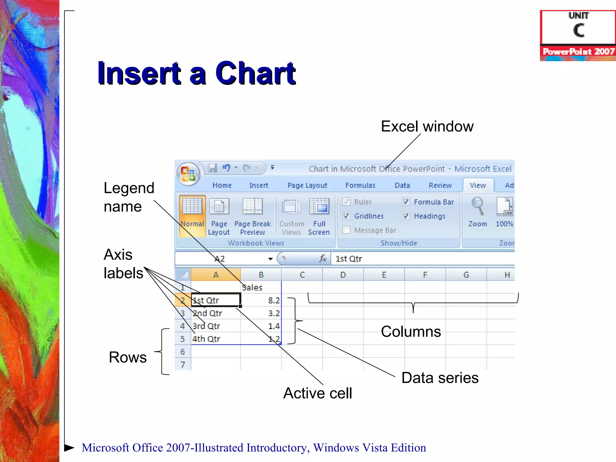 Insert a Chart Microsoft Office 2007-Illustrated Introductory, Windows Vista Edition Excel window Columns Rows Active cell Axis labels Legend name Data series 