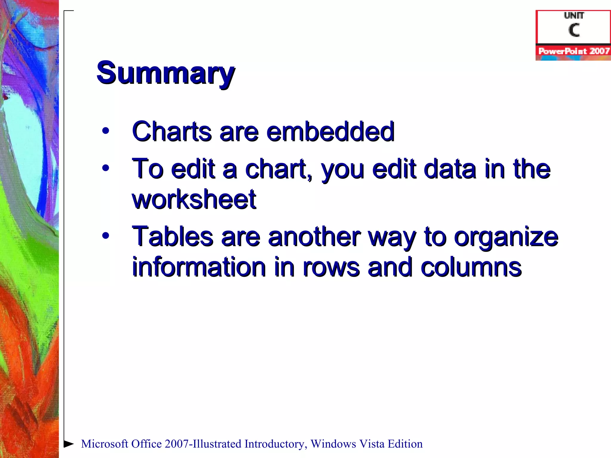 Summary Charts are embedded To edit a chart, you edit data in the worksheet Tables are another way to organize information in rows and columns Microsoft Office 2007-Illustrated Introductory, Windows Vista Edition 