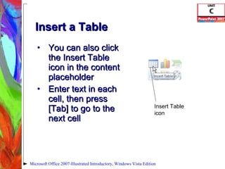Insert a Table You can also click the Insert Table icon in the content placeholder Enter text in each cell, then press [Tab] to go to the next cell Microsoft Office 2007-Illustrated Introductory, Windows Vista Edition Insert Table icon 