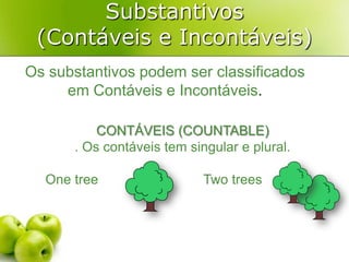 Substantivos(Contáveis e Incontáveis)Os substantivos podem ser classificados em Contáveis e Incontáveis.CONTÁVEIS (COUNTABLE). Os contáveis tem singular e plural.OnetreeTwotrees