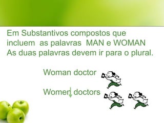 Em Substantivos compostos que incluem  as palavras  MAN e WOMANAs duas palavras devem ir para o plural.WomandoctorWomendoctors