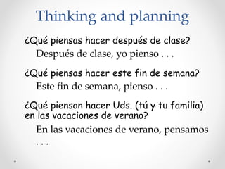 Thinking and planning
¿Qué piensas hacer después de clase?
Después de clase, yo pienso . . .
¿Qué piensas hacer este fin de semana?
Este fin de semana, pienso . . .
¿Qué piensan hacer Uds. (tú y tu familia)
en las vacaciones de verano?
En las vacaciones de verano, pensamos
. . .
 