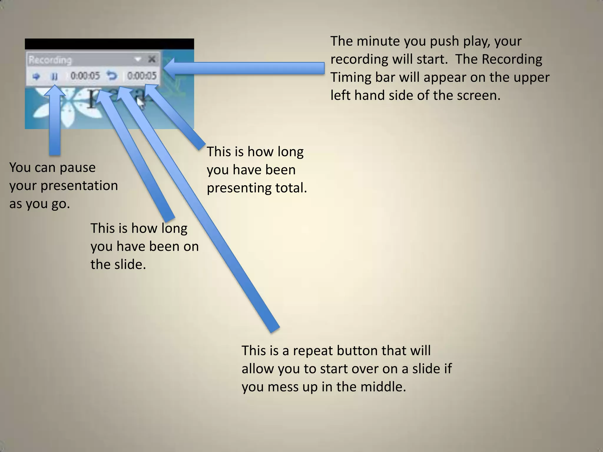 The minute you push play, your
recording will start. The Recording
Timing bar will appear on the upper
left hand side of the screen.

You can pause
your presentation
as you go.

This is how long
you have been
presenting total.

This is how long
you have been on
the slide.

This is a repeat button that will
allow you to start over on a slide if
you mess up in the middle.

 
