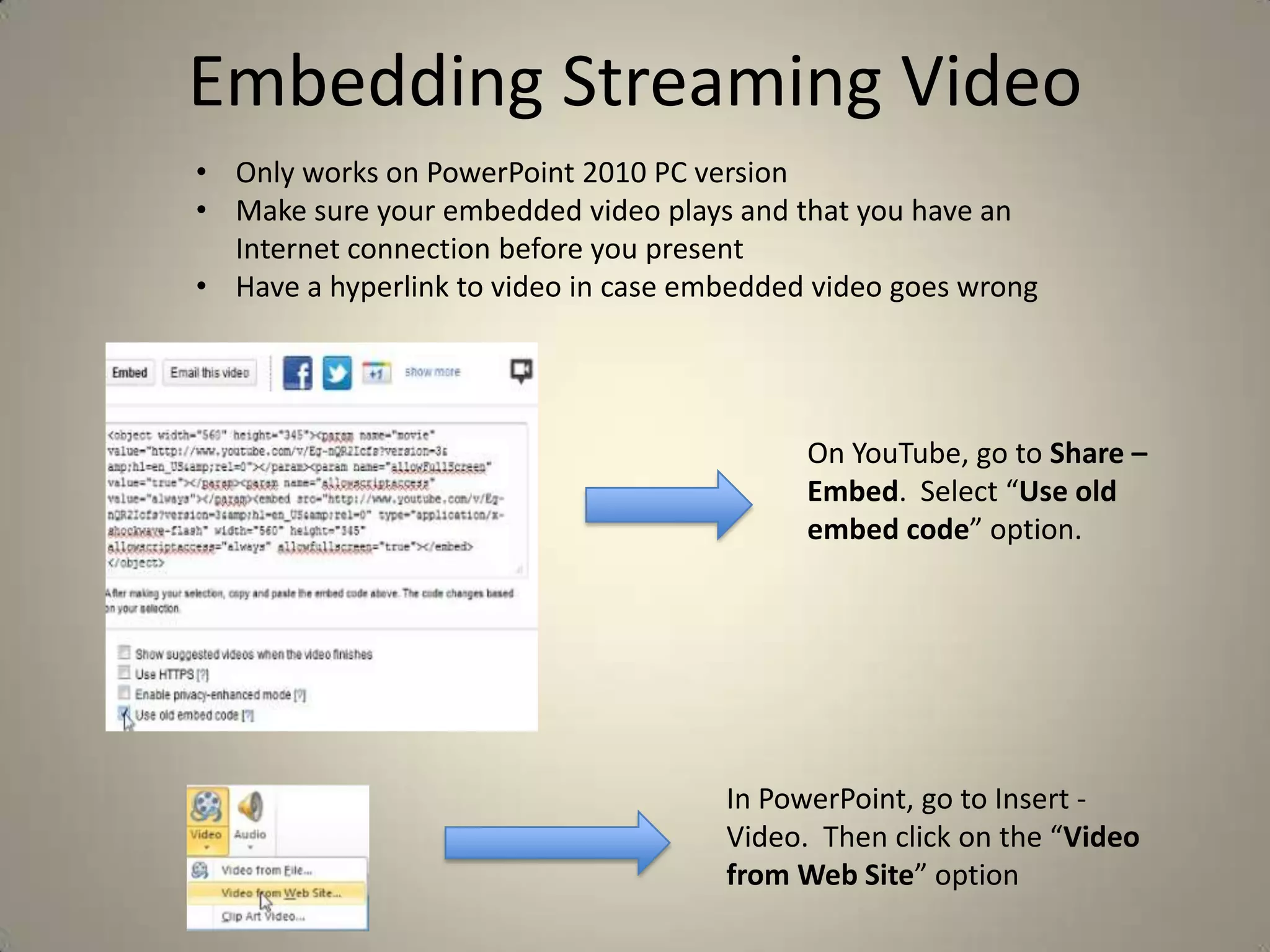 Embedding Streaming Video
• Only works on PowerPoint 2010 PC version
• Make sure your embedded video plays and that you have an
Internet connection before you present
• Have a hyperlink to video in case embedded video goes wrong

On YouTube, go to Share –
Embed. Select “Use old
embed code” option.

In PowerPoint, go to Insert Video. Then click on the “Video
from Web Site” option

 