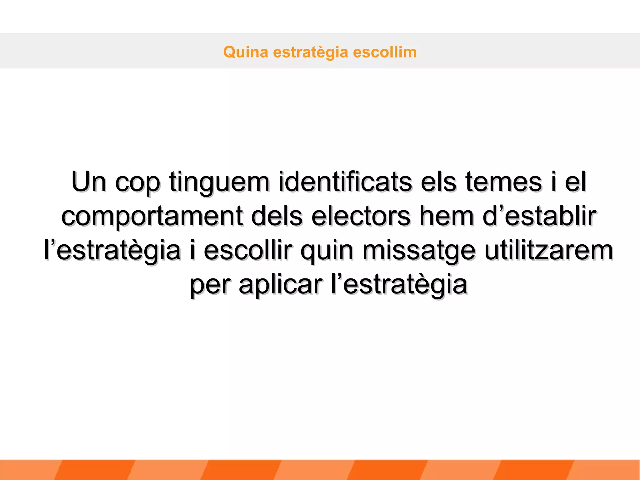 Quina estratègia escollim Un cop tinguem identificats els temes i el comportament dels electors hem d’establir l’estratègia i escollir quin missatge utilitzarem per aplicar l’estratègia 