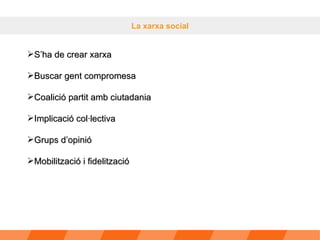La xarxa social S’ha de crear xarxa Buscar gent compromesa  Coalició partit amb ciutadania Implicació col·lectiva Grups d’opinió Mobilització i fidelització 