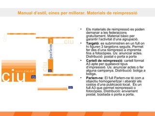 Els materials de reimpressió es poden demanar a les federacions gratuïtament. Material bàsic per garantir l’activitat d’una agrupació. Targetó : es subministren en un full on hi figuren 3 targetons seguits. Permet fer des d’una reimpresió a impremta fins a fotocòpies. Ús: anunciar actes. Distribució: postal o porta a porta  Cartell de reimpressió : cartell format A3 apte per qualsevol tipus d’impresssió. Ús: anunciar actes o fer alguna campanya. Distribució: botiga a botiga .   Parlem-ne : El full Parlem-ne té com a objectiu homogeneïtzar i abaratir els costos d’una publicació local.  És un full A3 que permet reimpressió o fotocòpies. Distribució: enviament postal, bústiada o porta a porta. Manual d’estil, eines per millorar. Materials de reimpressió 